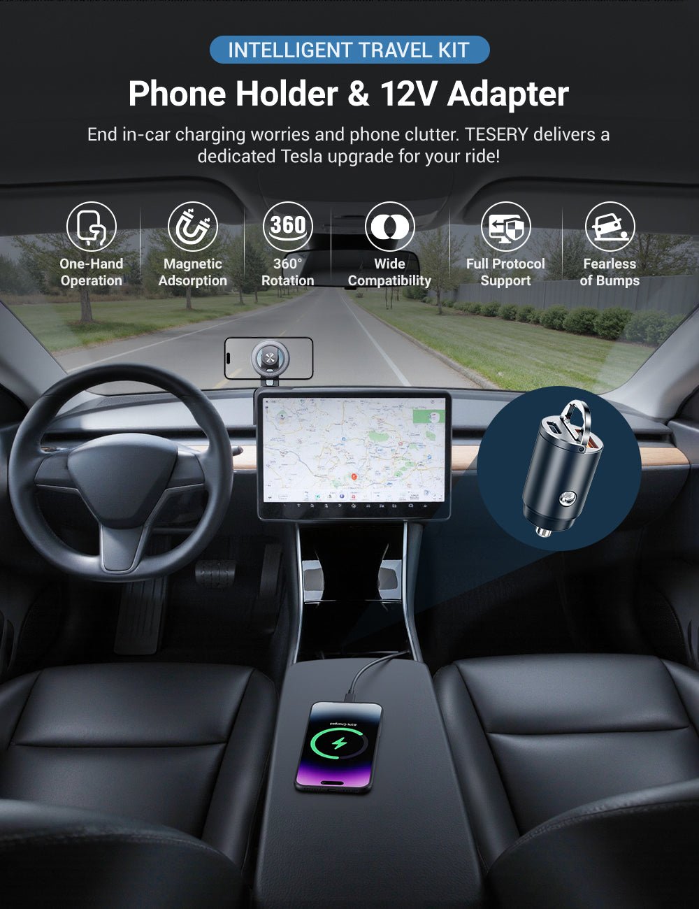 Phone Holder & 12V Adapter for Model 3/Y - Tesery Official Store