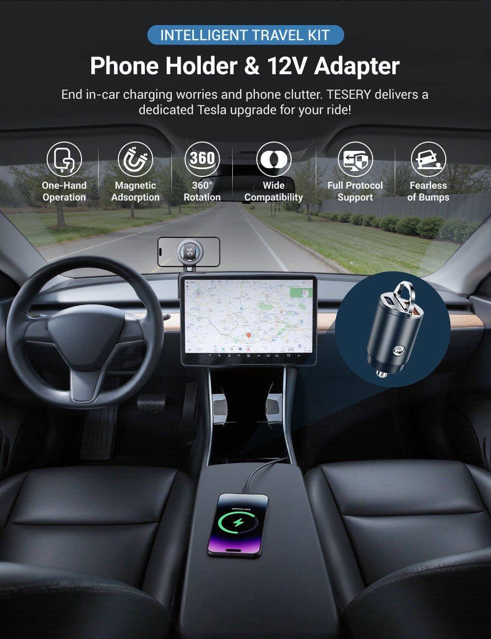 Phone Holder & 12V Adapter for Model 3/Y - Tesery Official Store