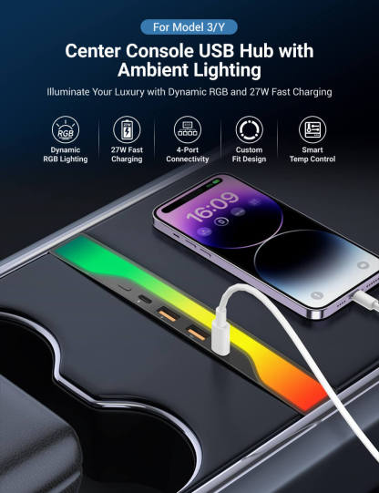 TESERY Center Console USB Hub with Ambient Lighting for Model 3/Y - Tesery Official Store