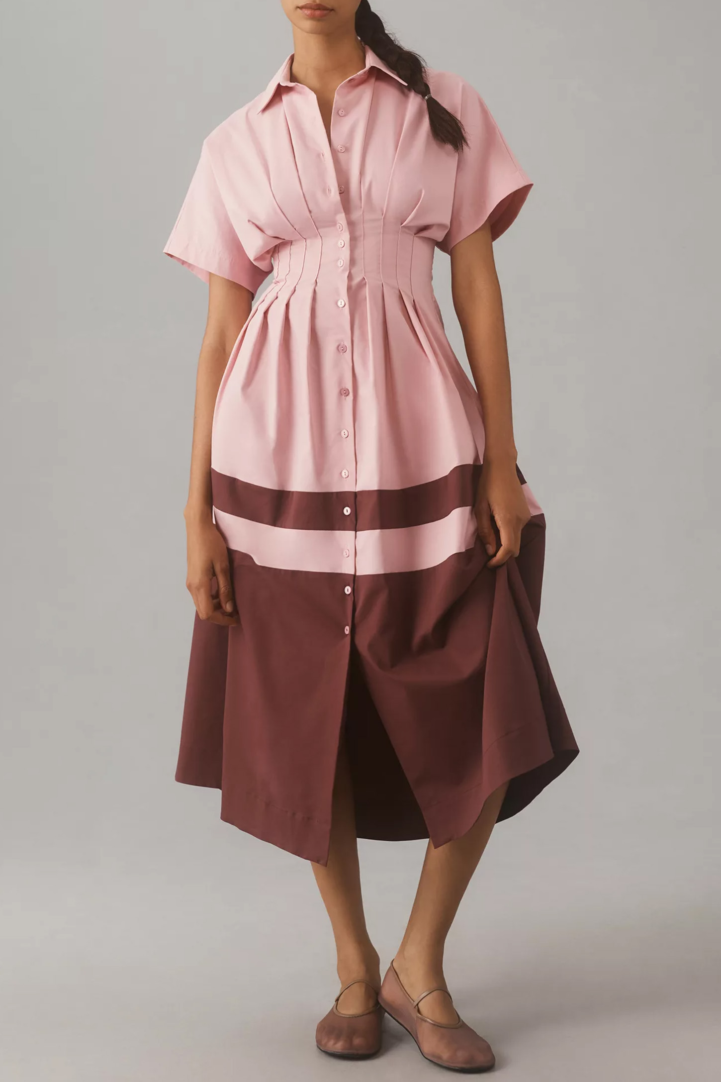 Button-Front Pleated Shirt Dress (BUY 2 FREE SHIPPING)