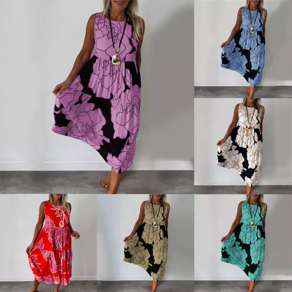 Women Casual Dresses Sleeveless Floral Sundress Holiday Beach Swing Dresses
