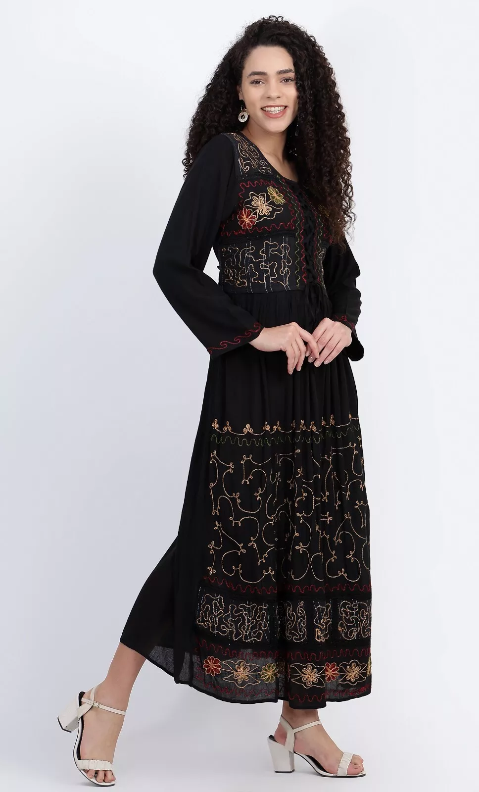 Maxi Dress Long Sleeve Crinkle Stonewash Rayon Lace up Embroidered 14 16 18