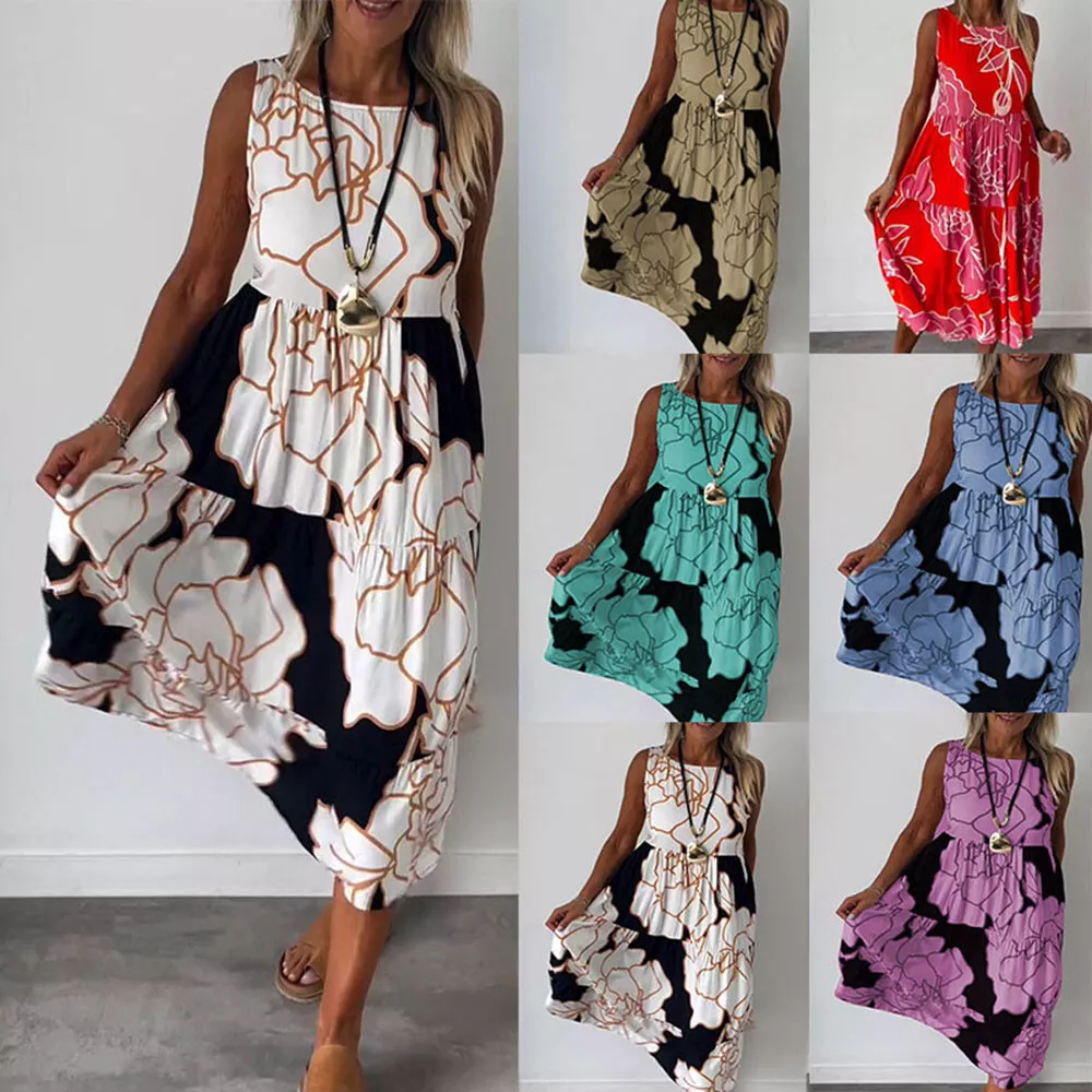Women Casual Dresses Sleeveless Floral Sundress Holiday Beach Swing Dresses