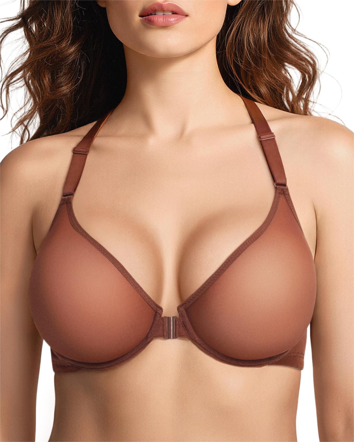 Sheer Mesh Unlined Front Closure See Through With Underwire Plunge Racerback Bra