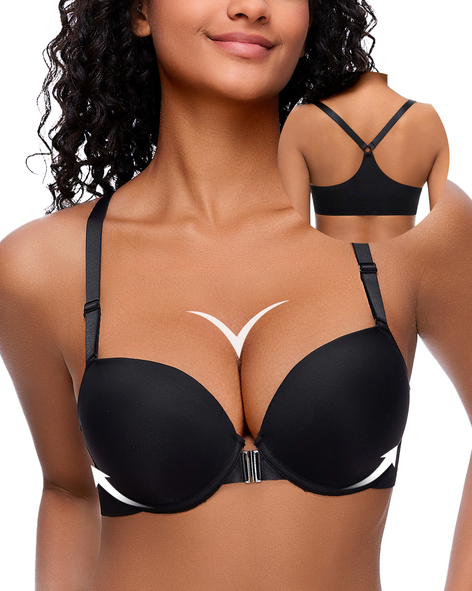 Front Closure Push Up Padded Seamless Criss-Cross Back Thin Straps Underwire Bra