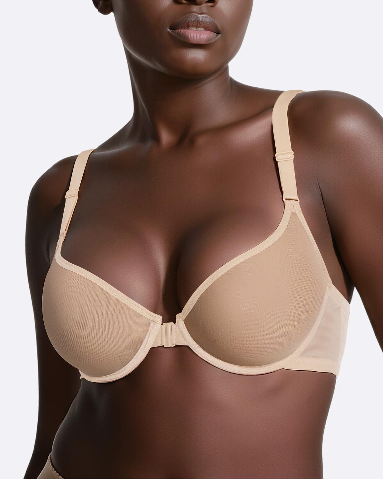 Sheer Mesh Unlined Front Closure See Through With Underwire Plunge Racerback Bra