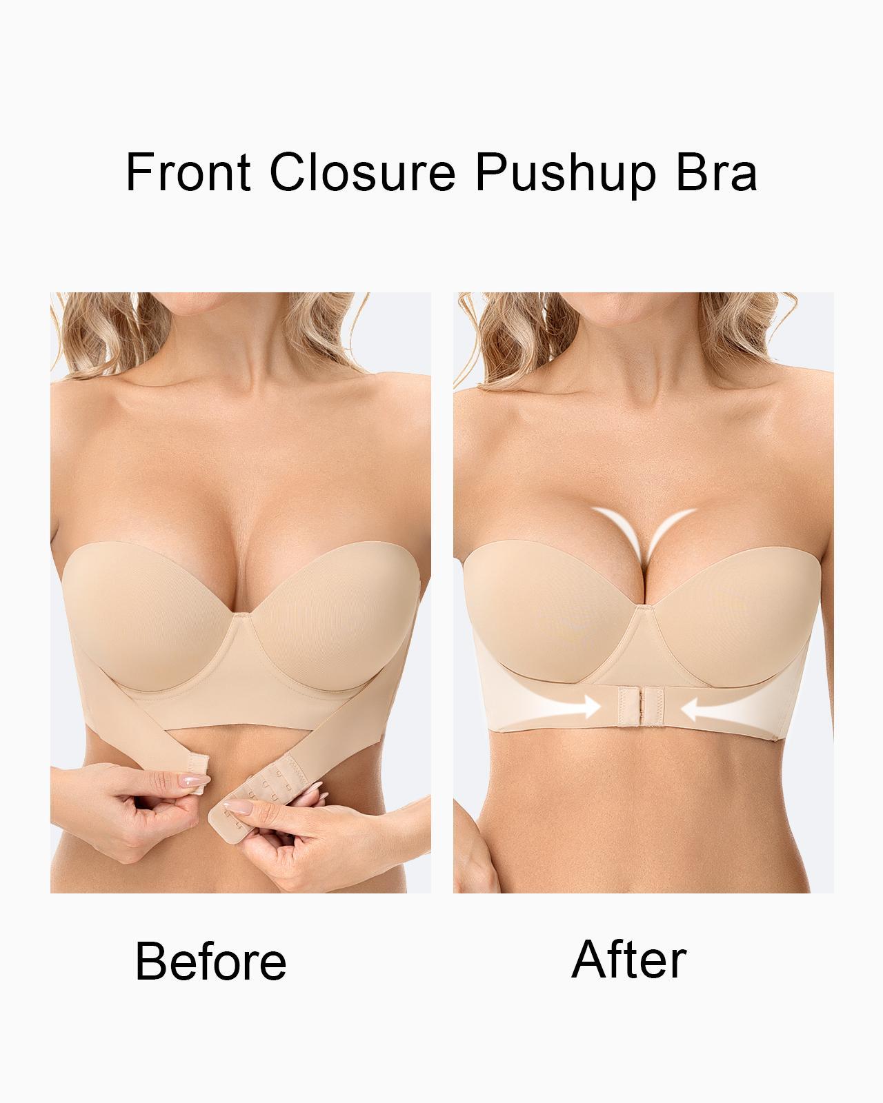 Strapless Push Up Bra with Clear Straps Front Closure Convertible Balconette Padded Underwire Bra