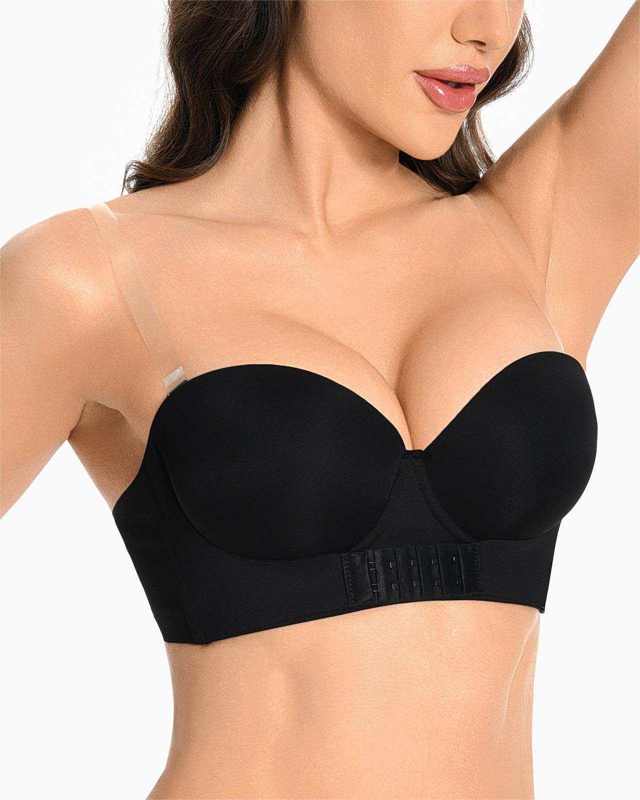 Strapless Push Up Bra with Clear Straps Front Closure Convertible Balconette Padded Underwire Bra