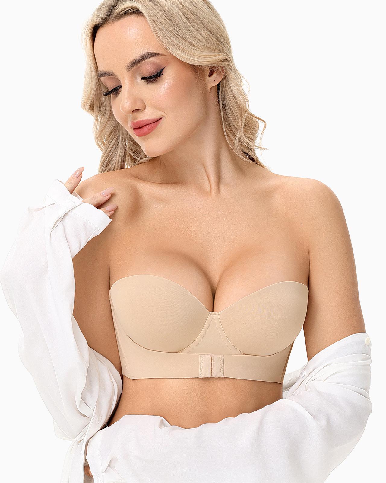 Strapless Push Up Bra with Clear Straps Front Closure Convertible Balconette Padded Underwire Bra