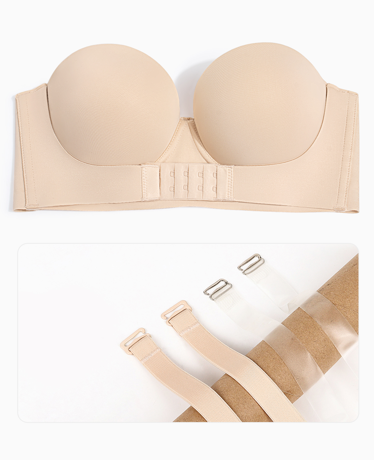 Strapless Push Up Bra with Clear Straps Front Closure Convertible Balconette Padded Underwire Bra