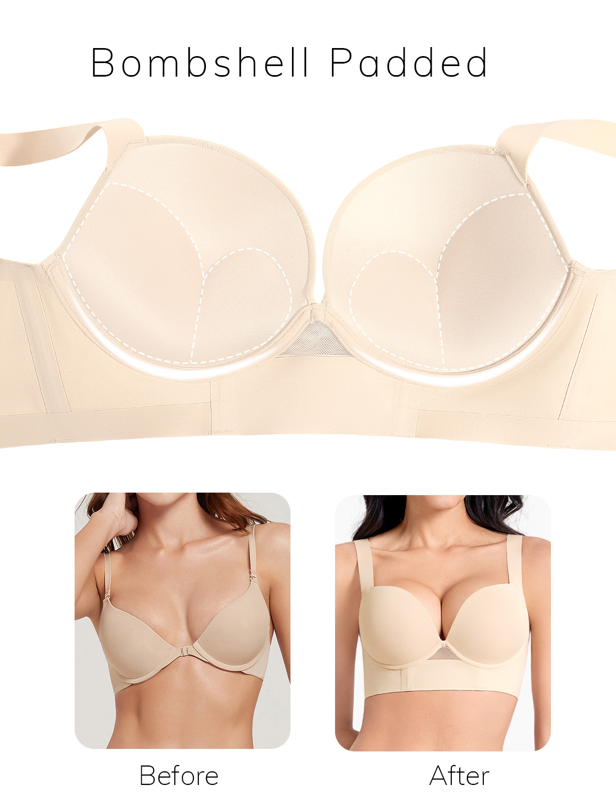 Push Up Padded Bras for Women Add 2 Cups Longline Plunge T Shirt Uplift Bra Underwire Support