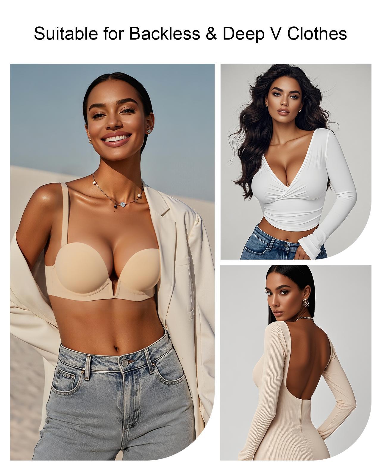 Deep V Plunge Push Up Padded Low Cut Convertible Straps Backless Bra