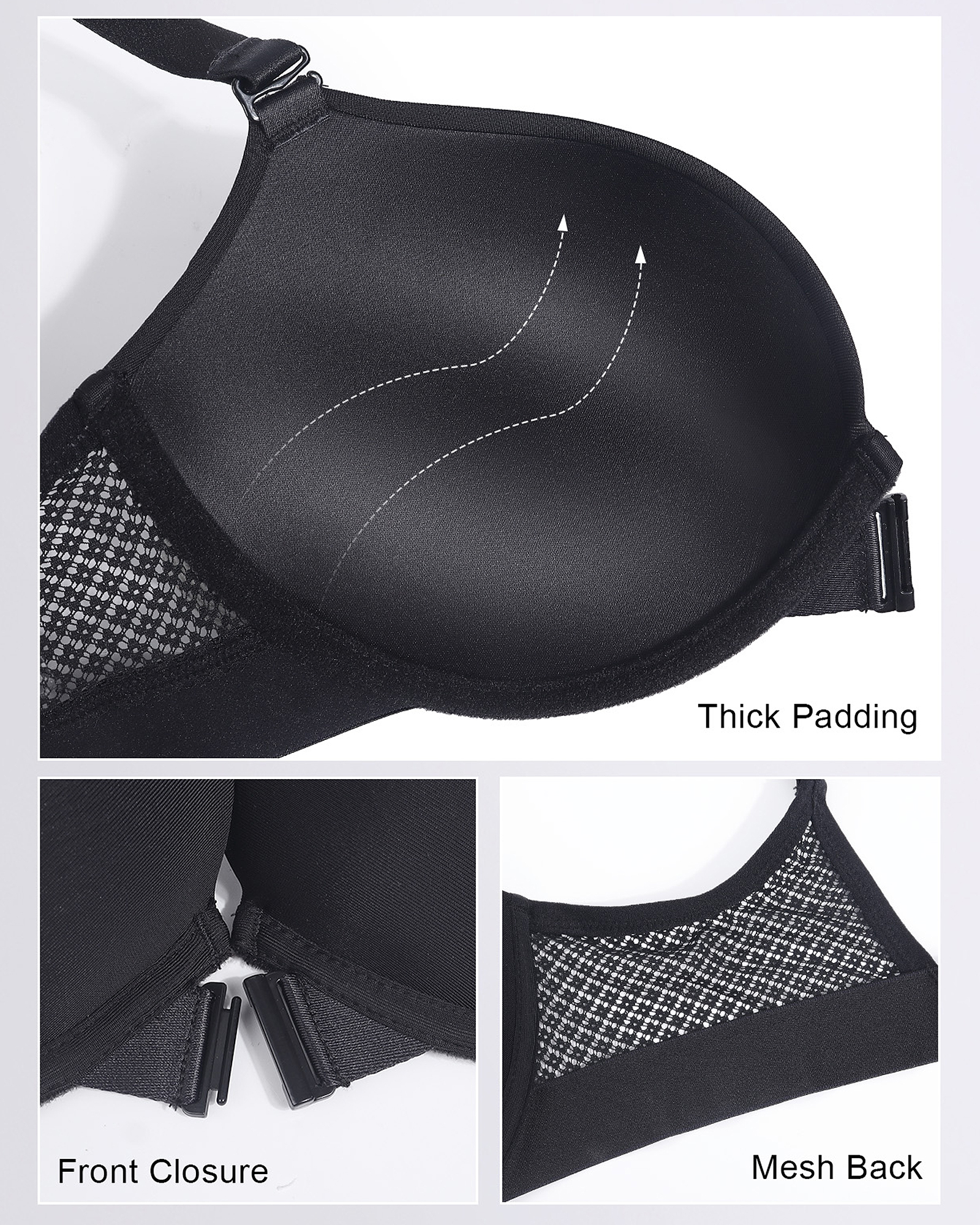 Front Closure Push Up Padded Mesh Back Underwire T-Shirt Bra