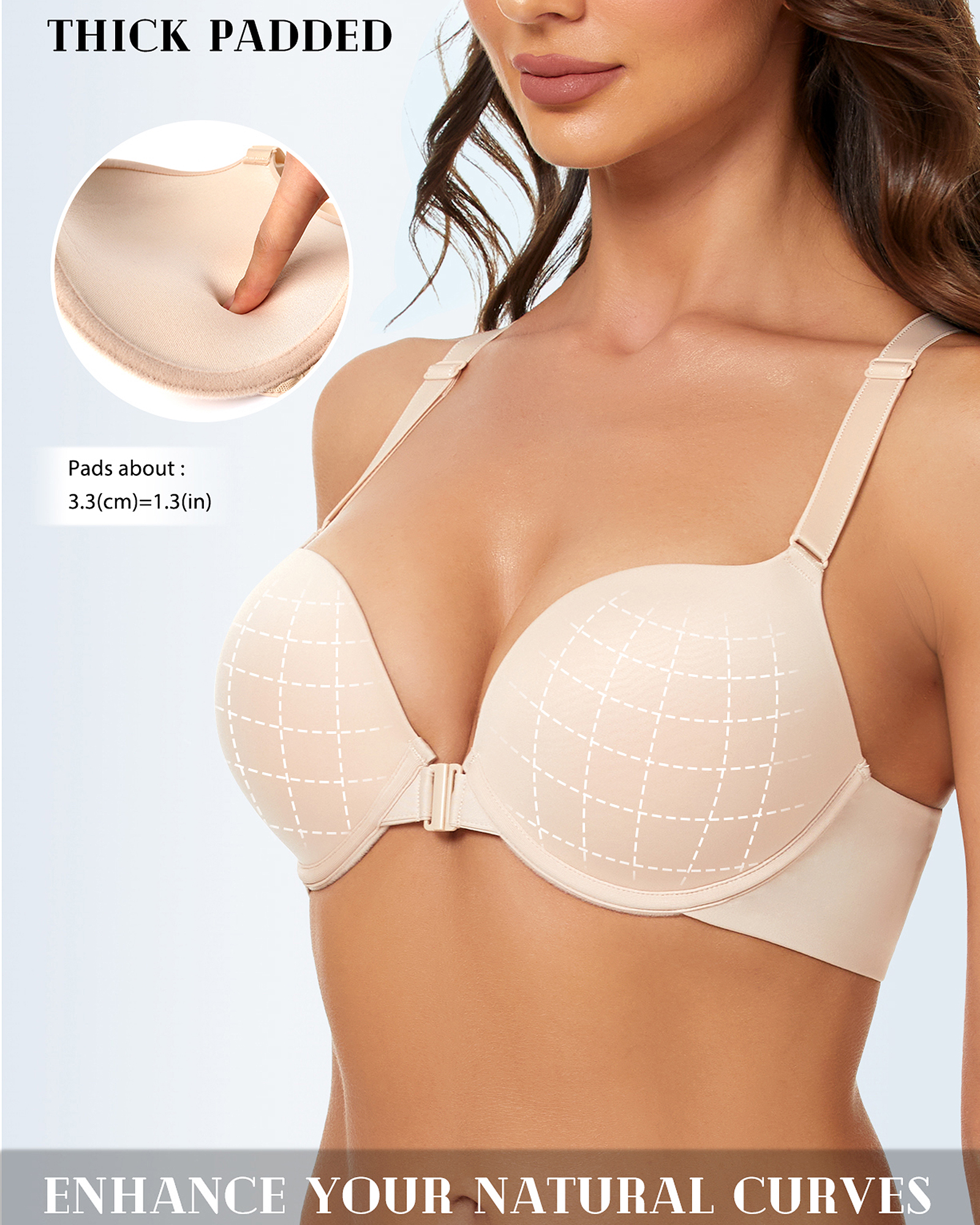 Front Closure Push Up Padded Seamless Criss-cross Back Underwire Bra