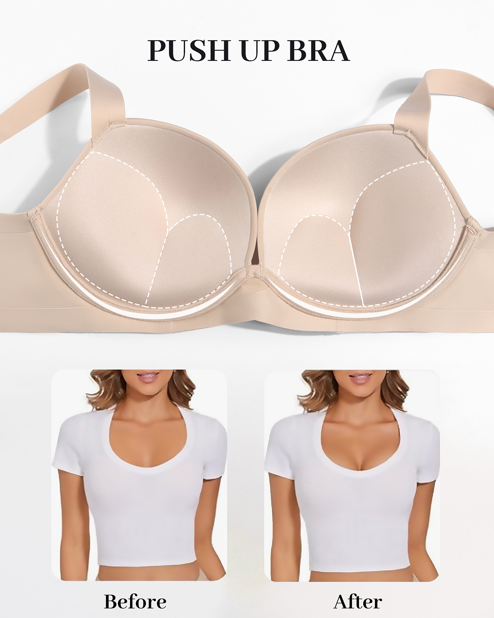 Push Up Padded Underwire Support Plunge Wide Straps Everyday T-Shirt Bra