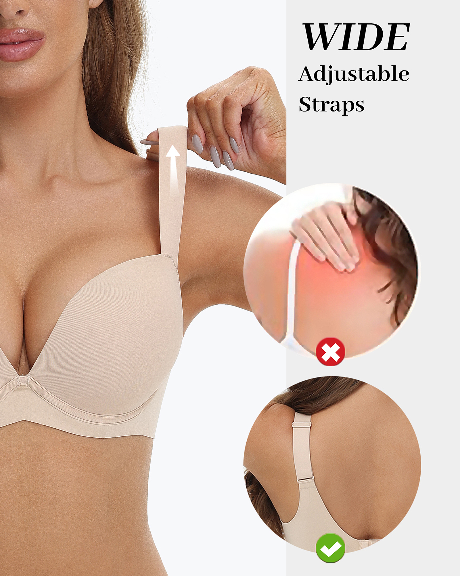 Push Up Padded Underwire Support Plunge Wide Straps Everyday T-Shirt Bra