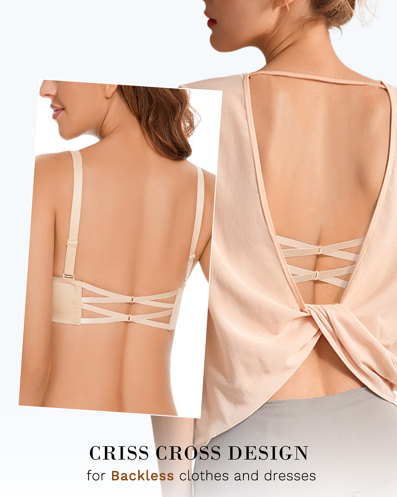 Front Closure Strapless Push Up Padded Balconette Criss-cross Underwire Bra