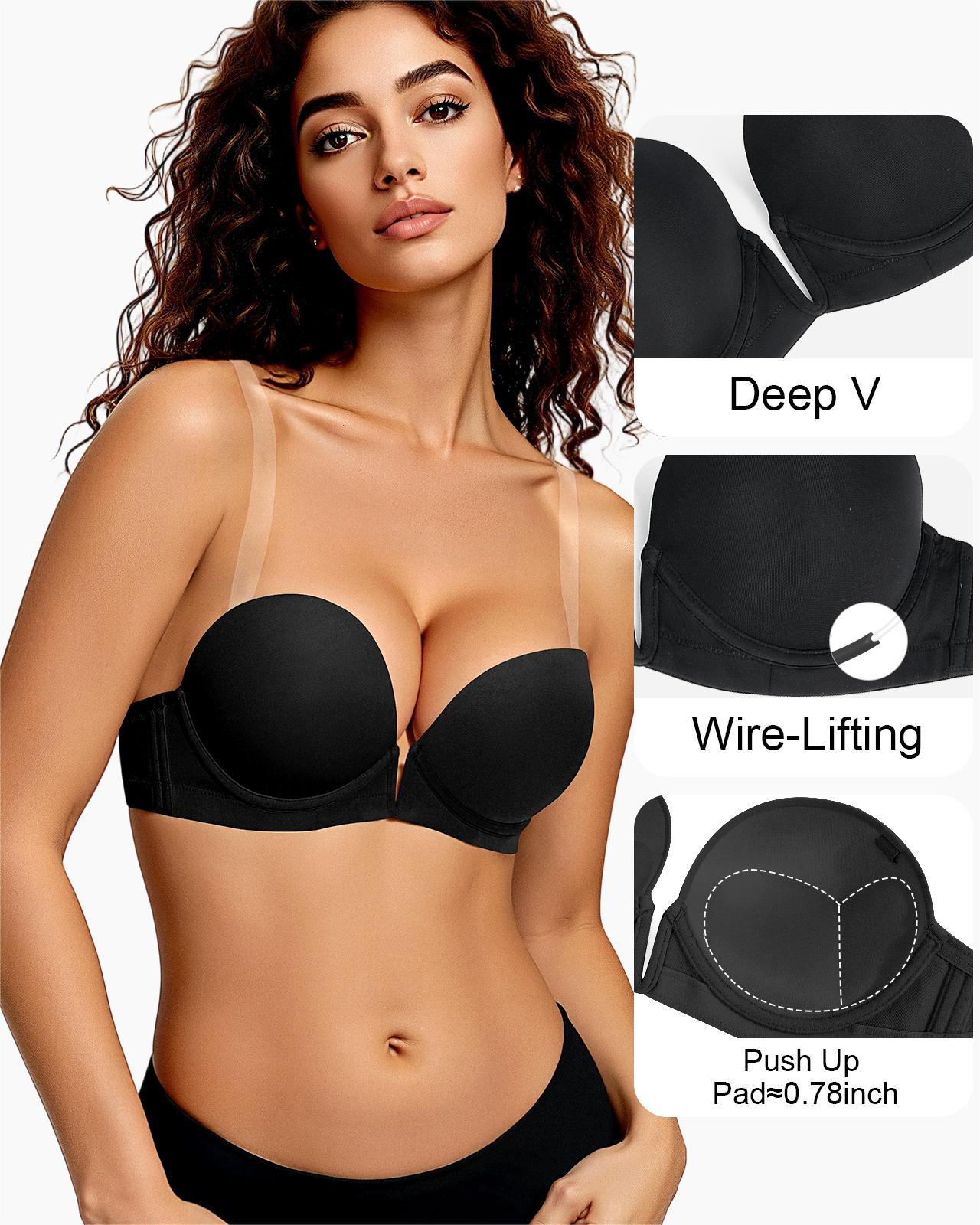 Deep V Plunge Push Up Padded Low Cut Convertible Straps Backless Bra