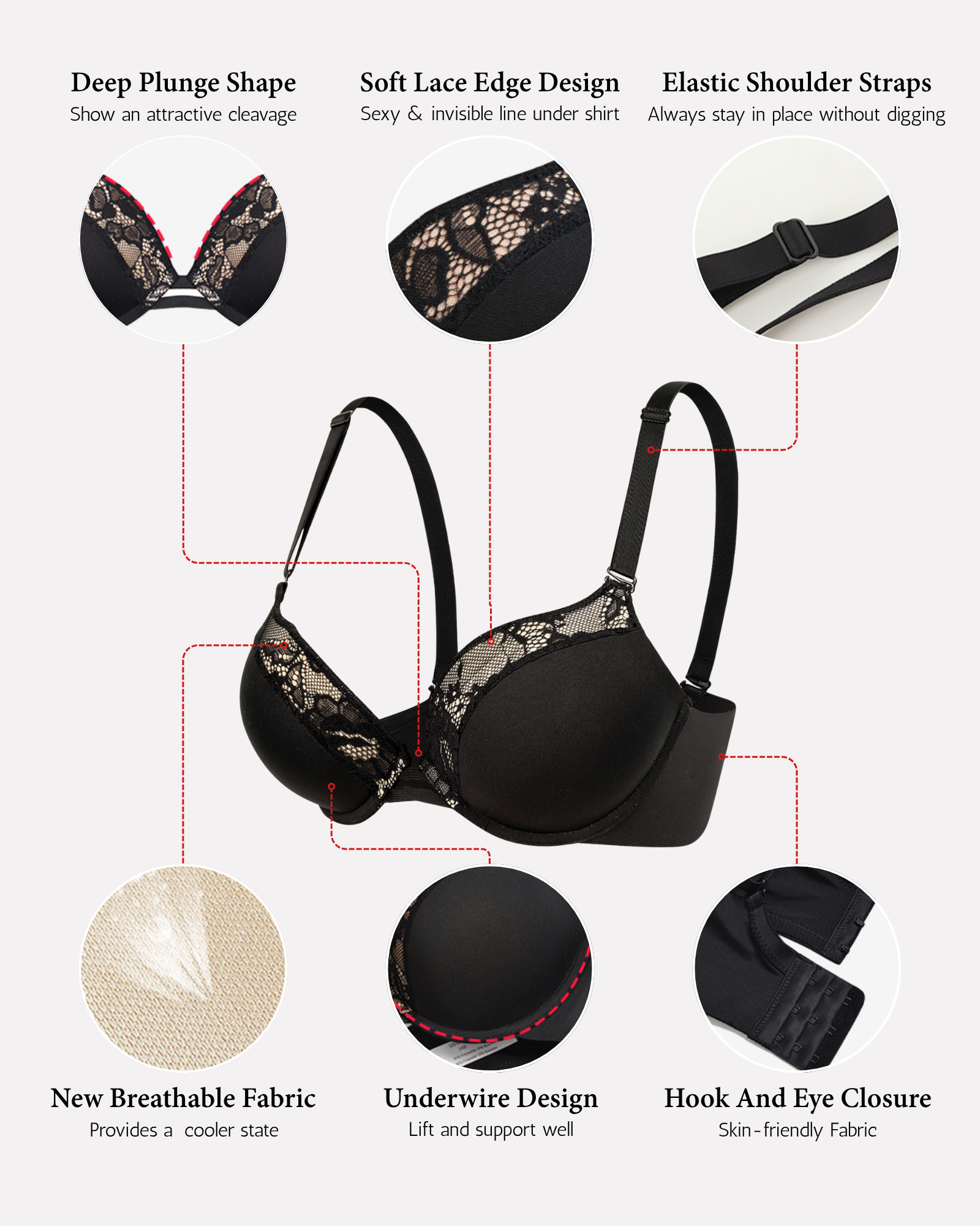 Push Up Padded Deep Plunge Lace Underwire T-Shirt Bra