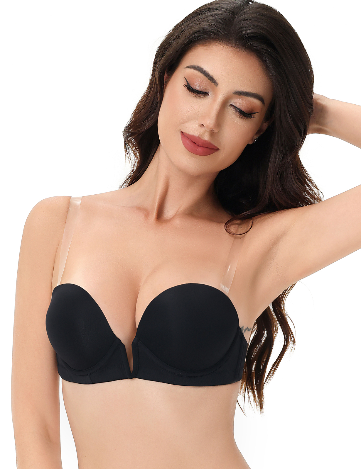 Backless Bra with Clear Back Straps Deep Plunge Convertible Deep V Push Up Padded Bar