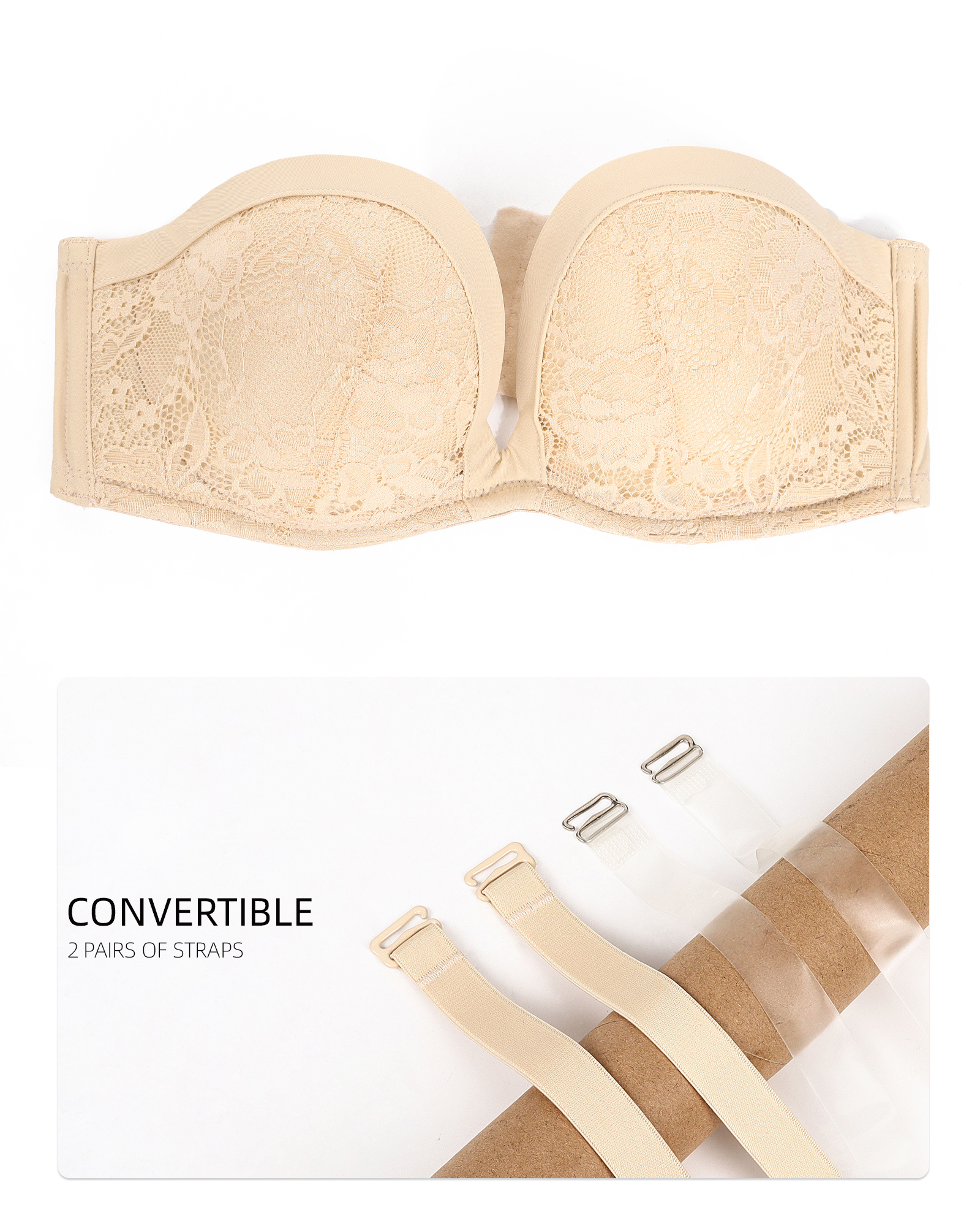 Push Up Strapless Bra with Clear Straps Covertible Plunge Lace Padded