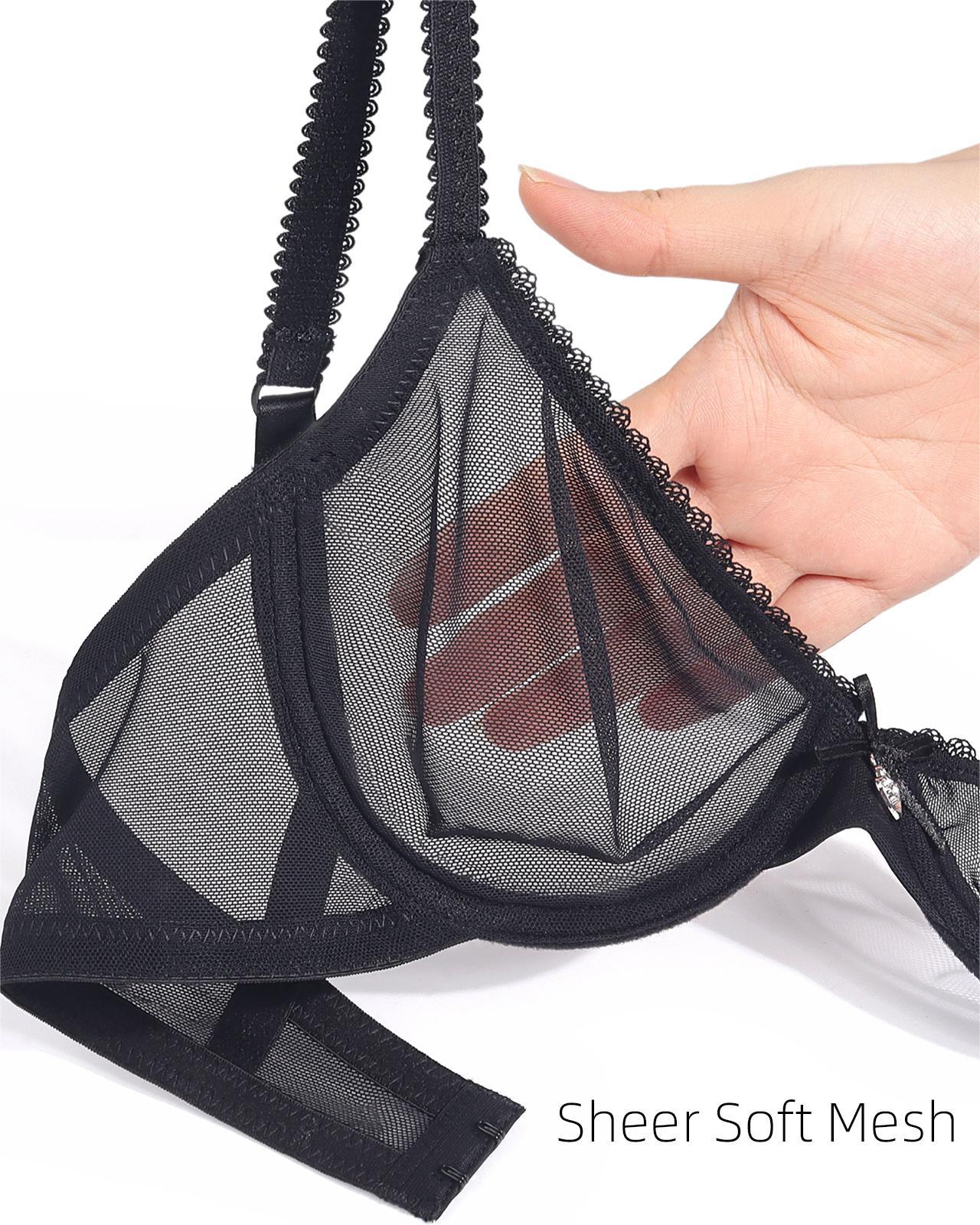 Sheer Mesh Unlined Sexy Lace See Through With Underwire Demi Plunge Bra