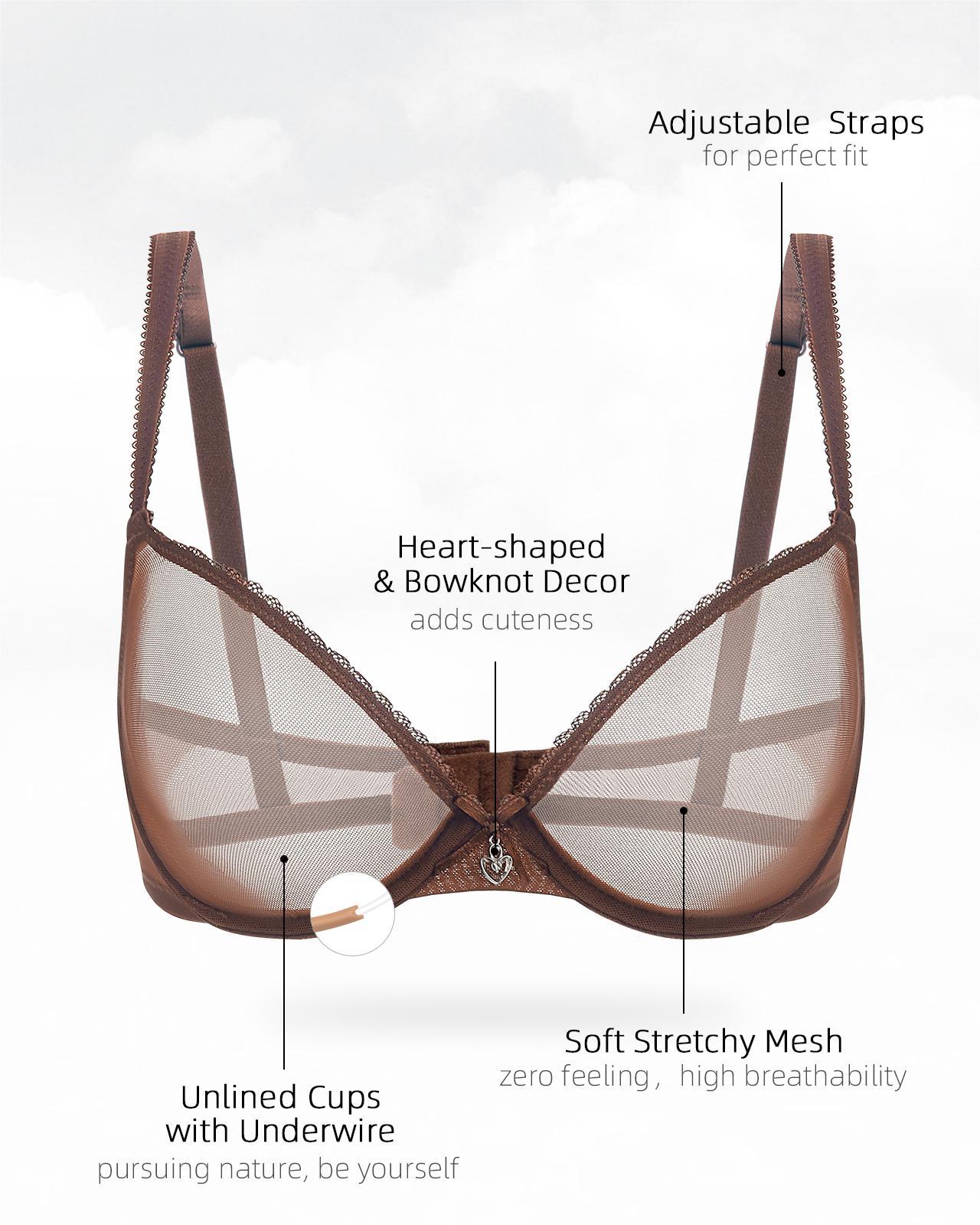 Sheer Mesh Unlined Sexy Lace See Through With Underwire Demi Plunge Bra