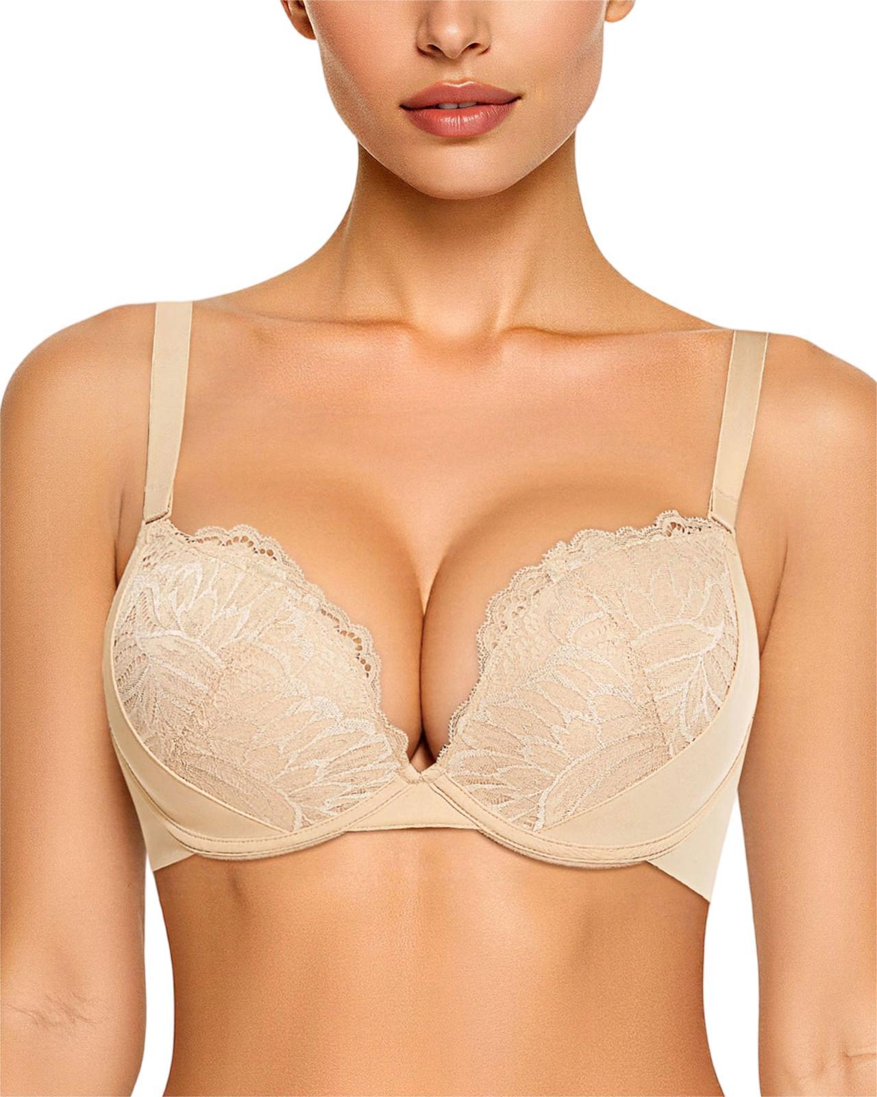 Padded Push Up V Neck Lace Underwire T-Shirt Bra