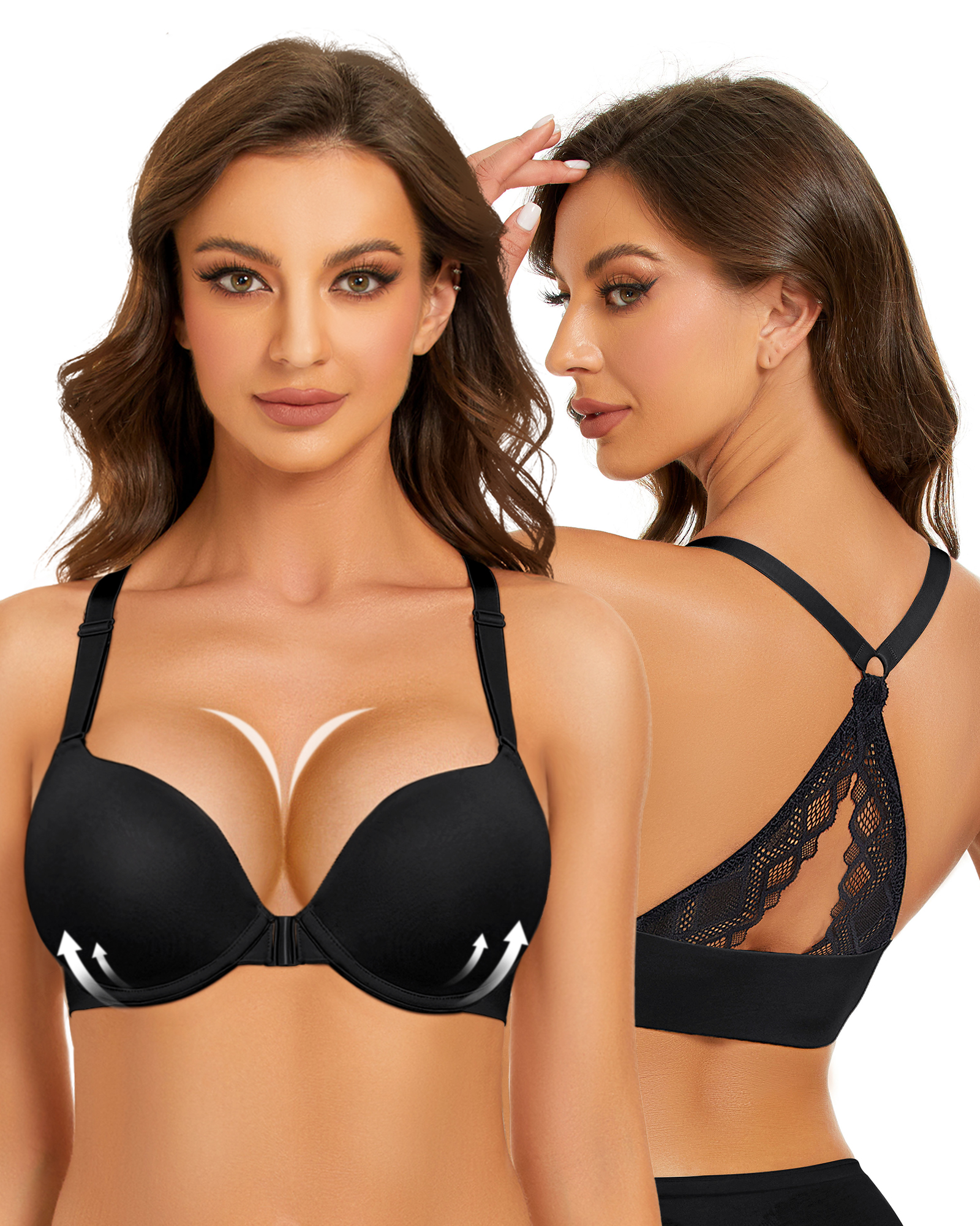 Front Closure Push Up Padded Seamless Lace Racerback Underwire Bra