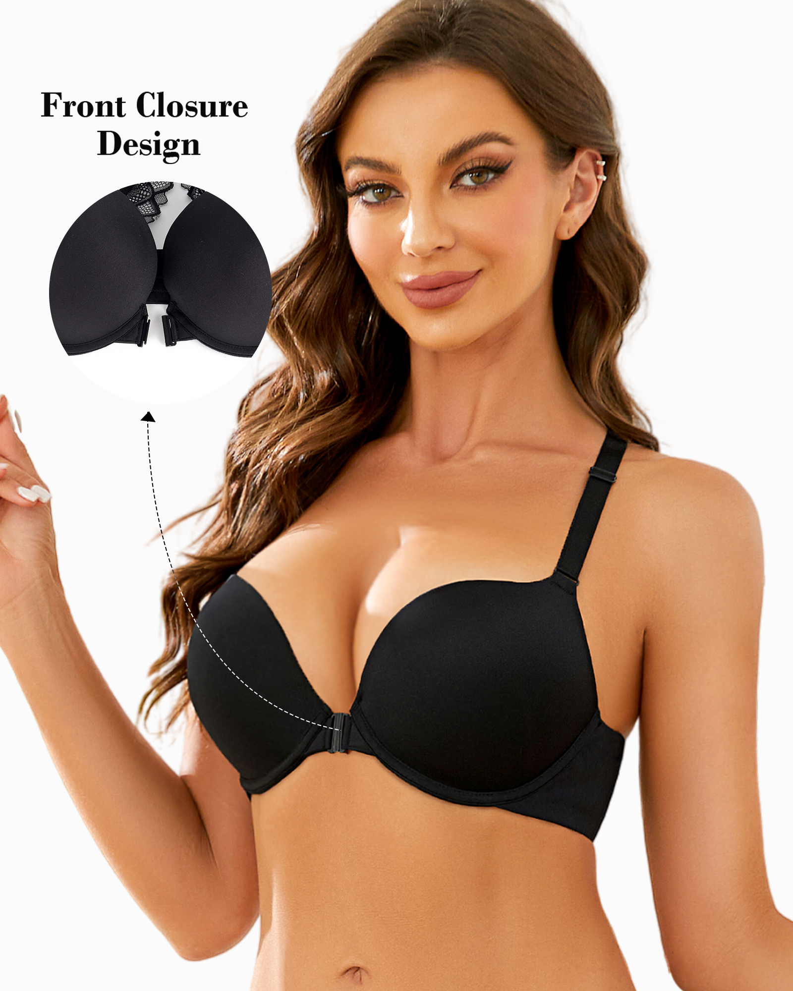 Front Closure Push Up Padded Seamless Lace Racerback Underwire Bra