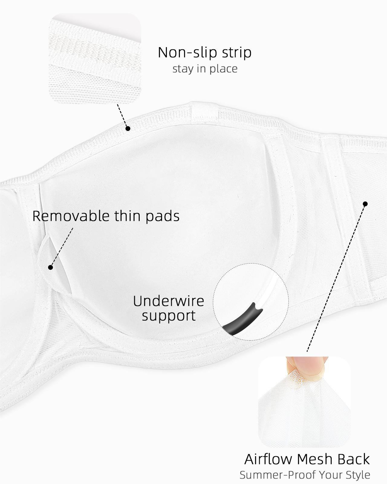 Plus Size Strapless Bandeau Padded Underwire Support Non-Slip Convertible Bra