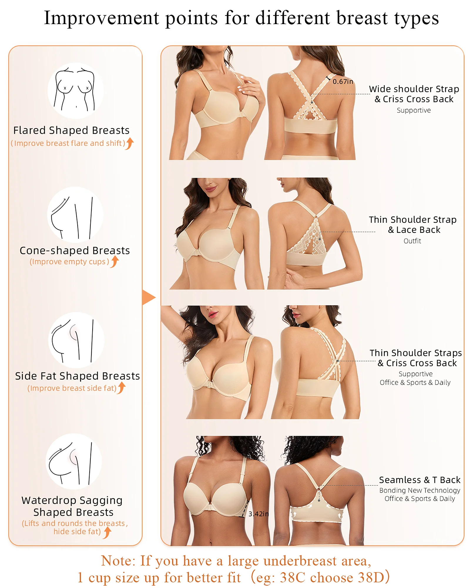 Front Closure Push Up Padded Seamless Thin Straps Criss-Cross Back Underwire Bra