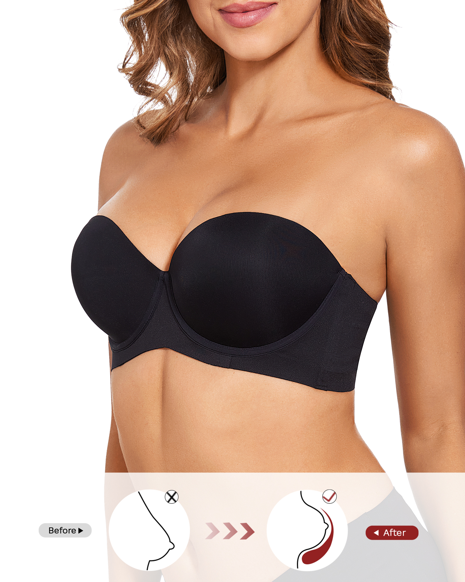 Strapless Push Up Thick Padded Balconette Seamless Convertible Bra