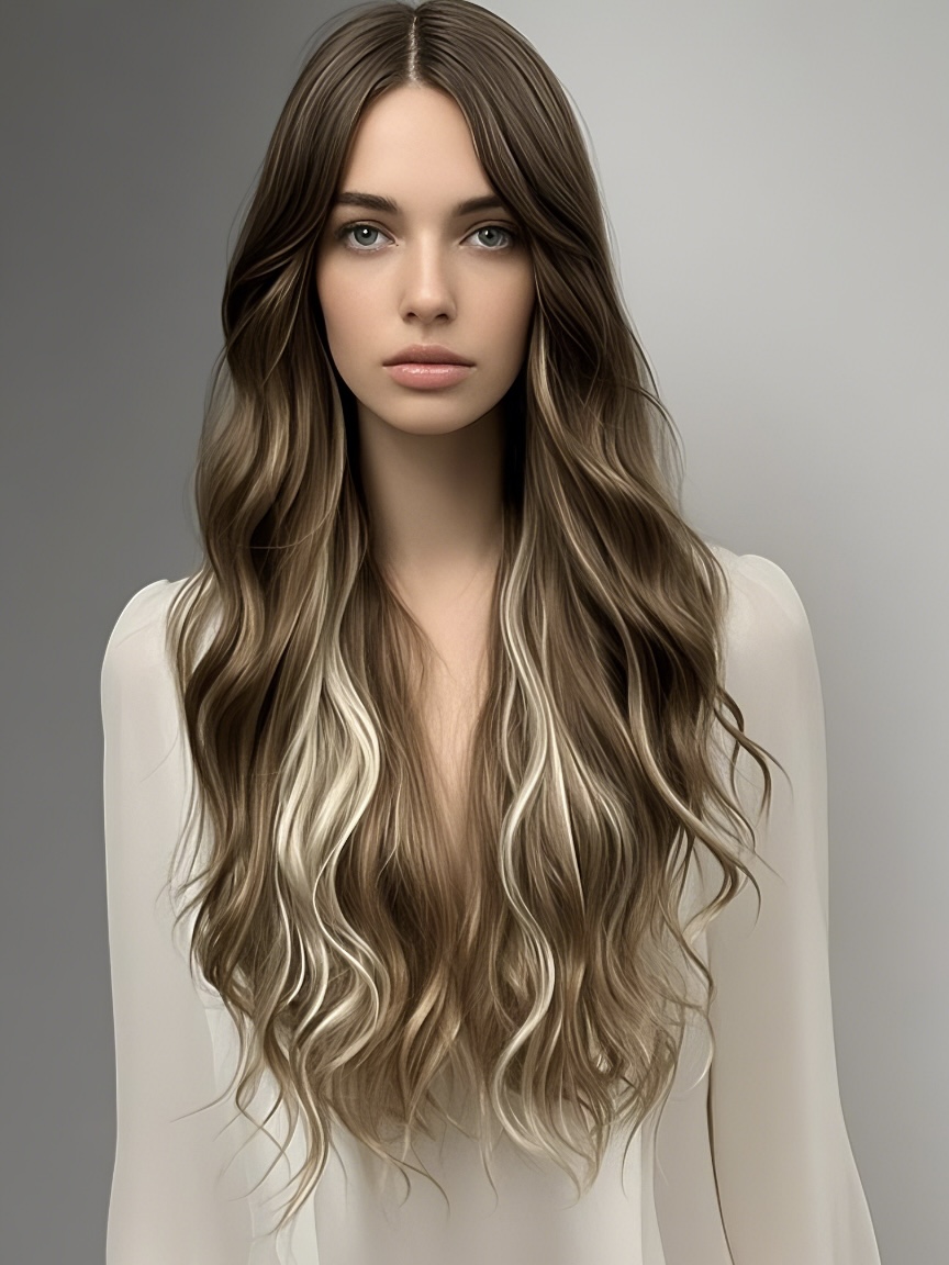 Stunning Long Wavy Brown Hair with Light Blonde Highlights – Transform Your Look