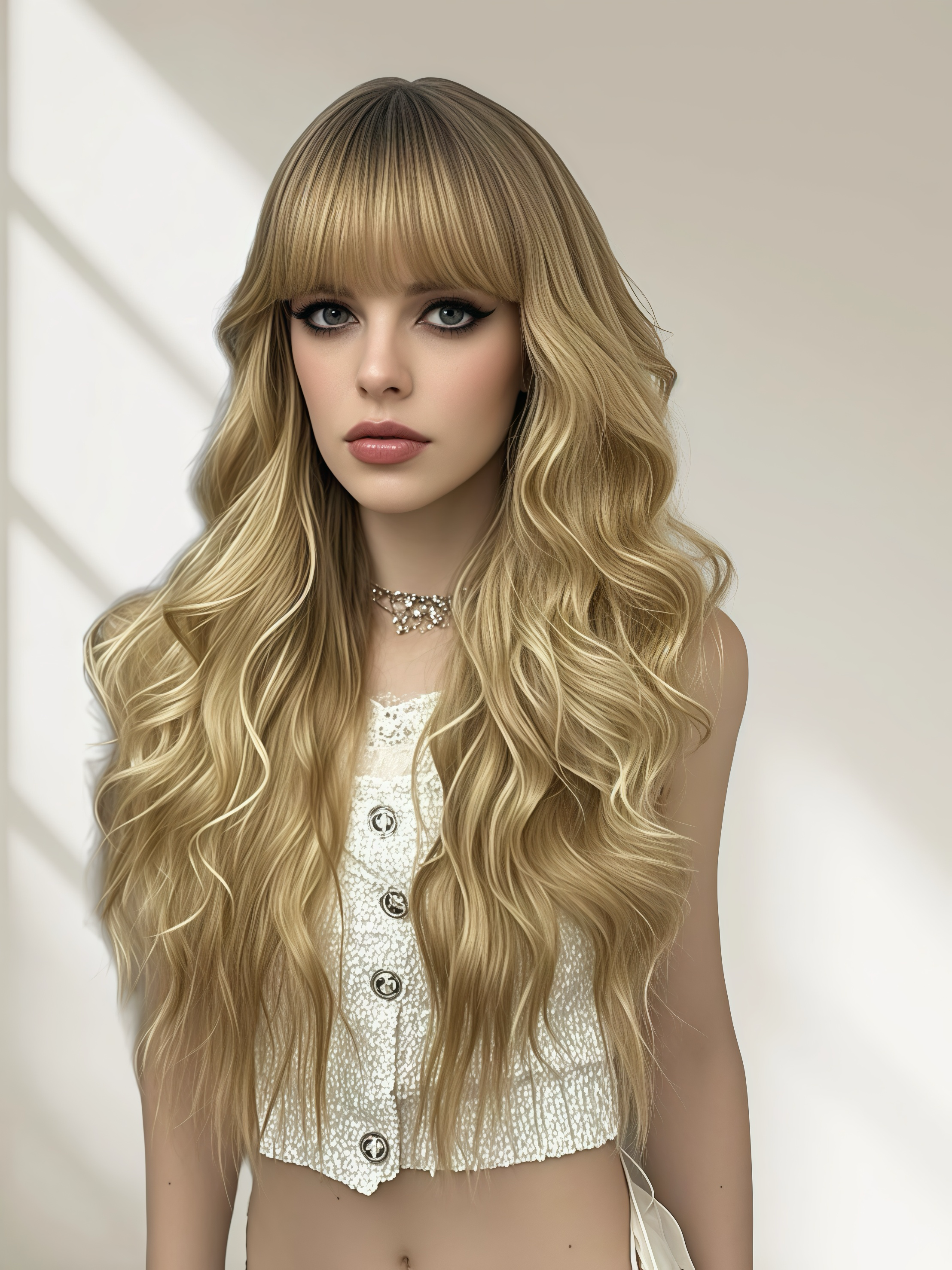 Stunning Light - Yellow Long Wavy Curls with Golden Highlights & Airy Bangs