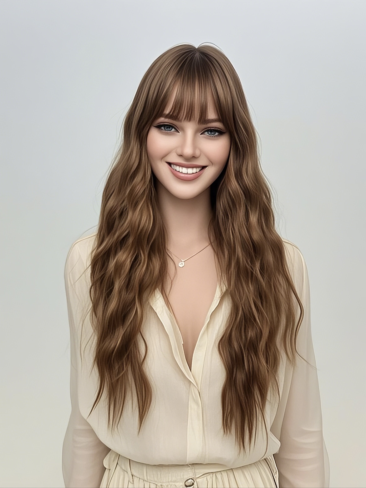 Unique Yellow - Brown Long Wavy Curly Wig with Airy Bangs - Unleash Your Distinctive Personality