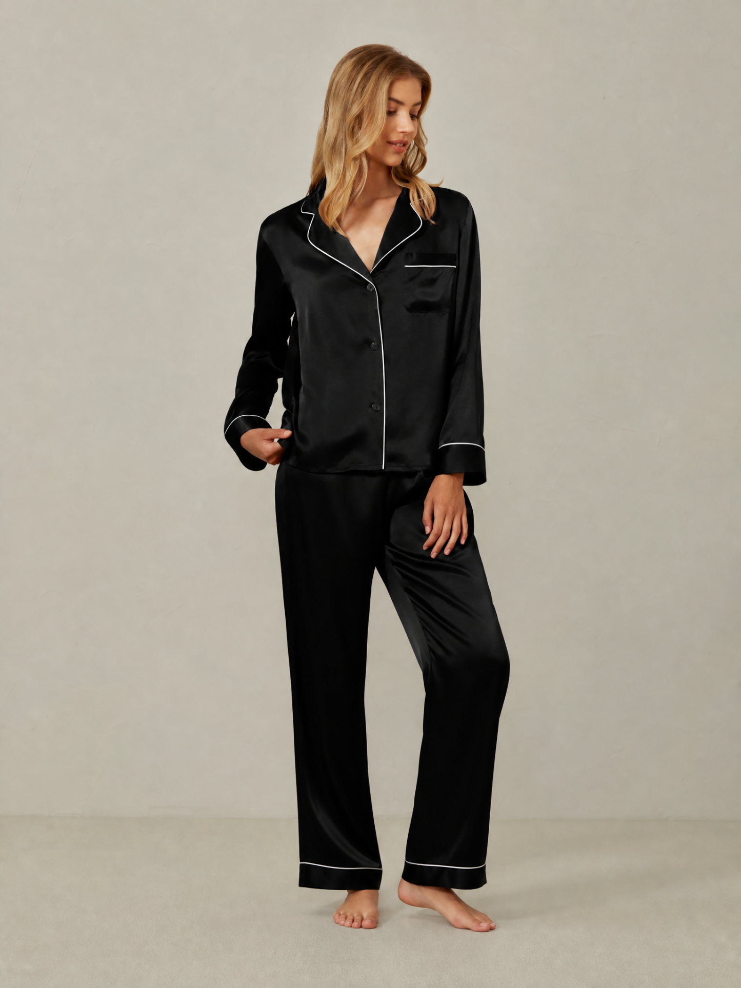 Piped Silk Long Sleeve Pajama Set