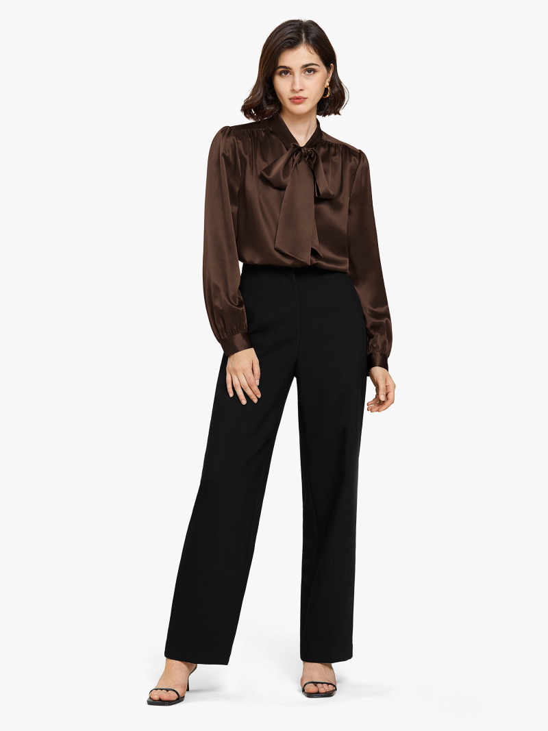 M me eme エムミーエメ Satin ribbon blouse 22MM Bow-tie Neck Silk Shirt – MommeSilk