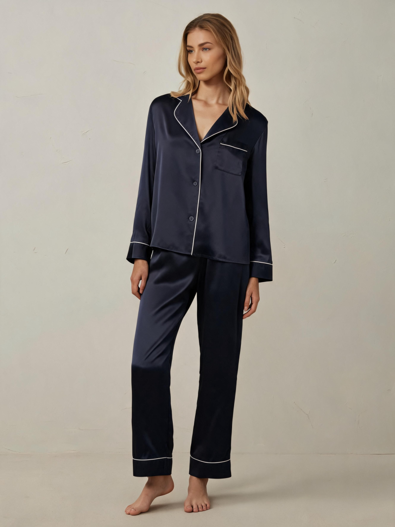 Piped Silk Long Sleeve Pajama Set