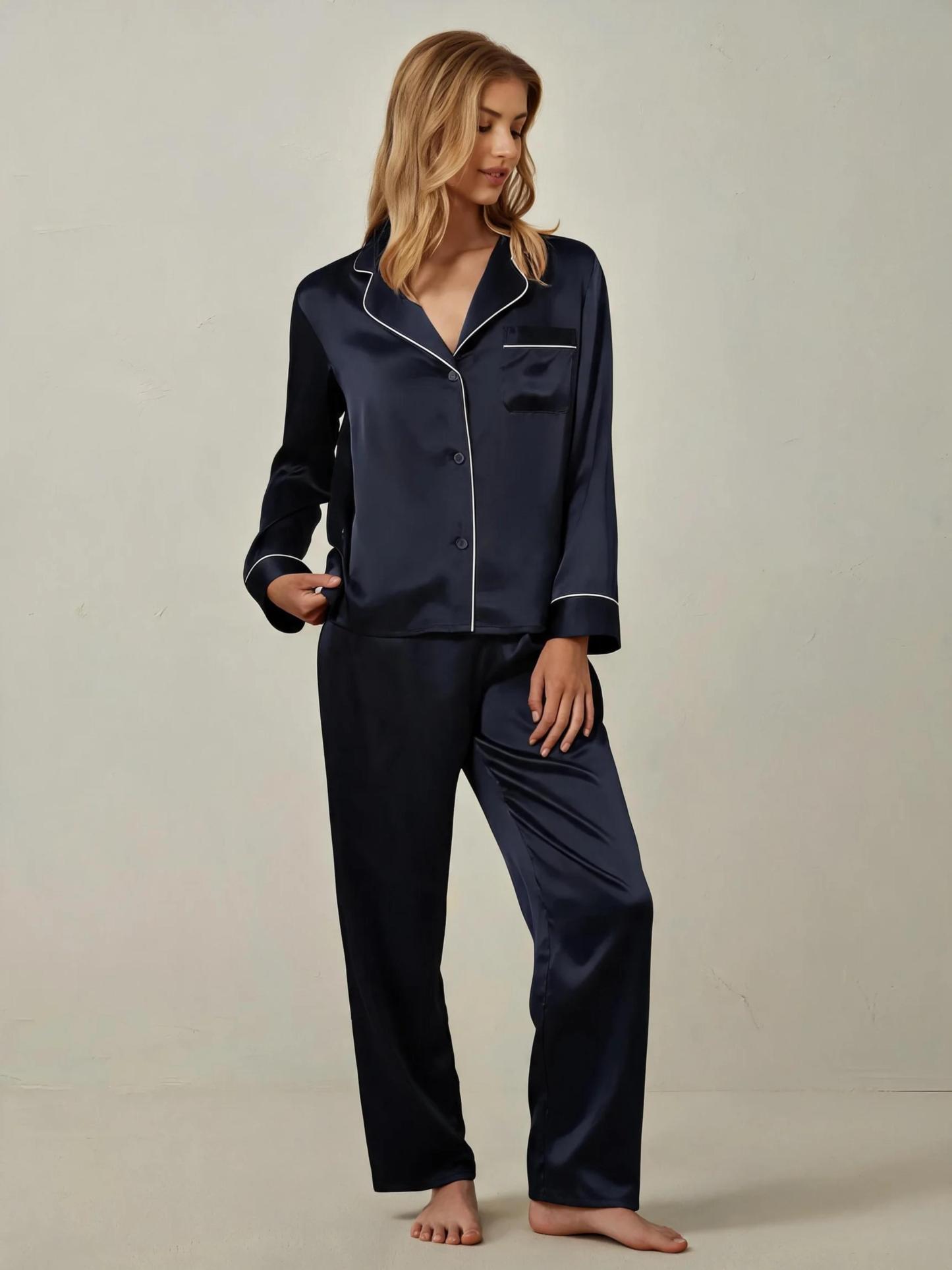 Piped Silk Long Sleeve Pajama Set