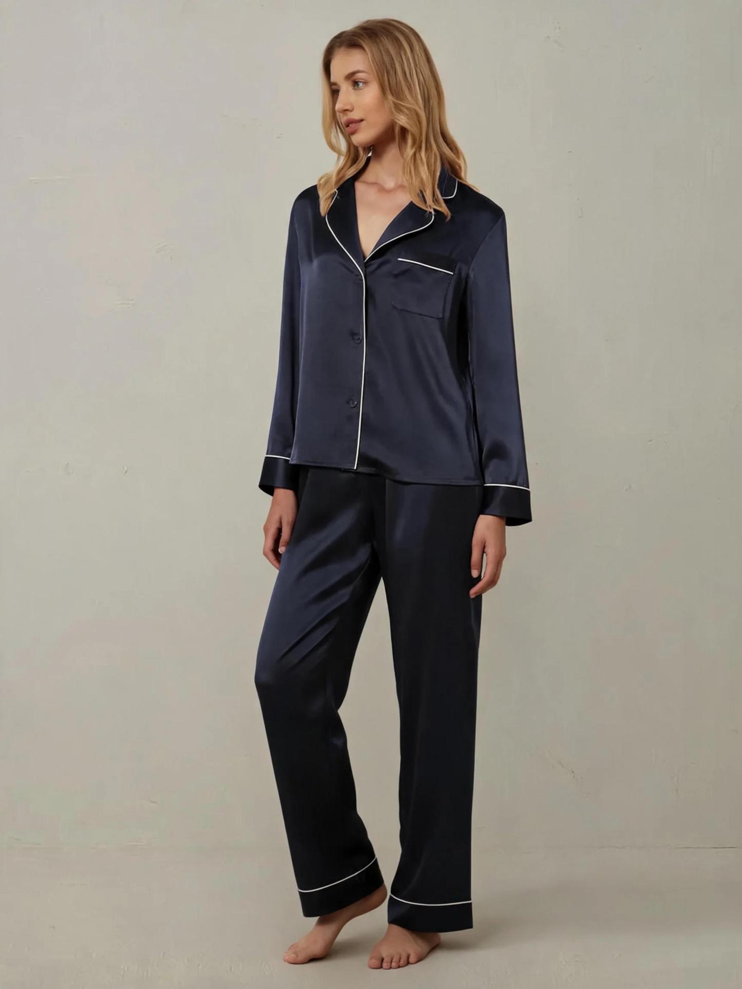 Piped Silk Long Sleeve Pajama Set