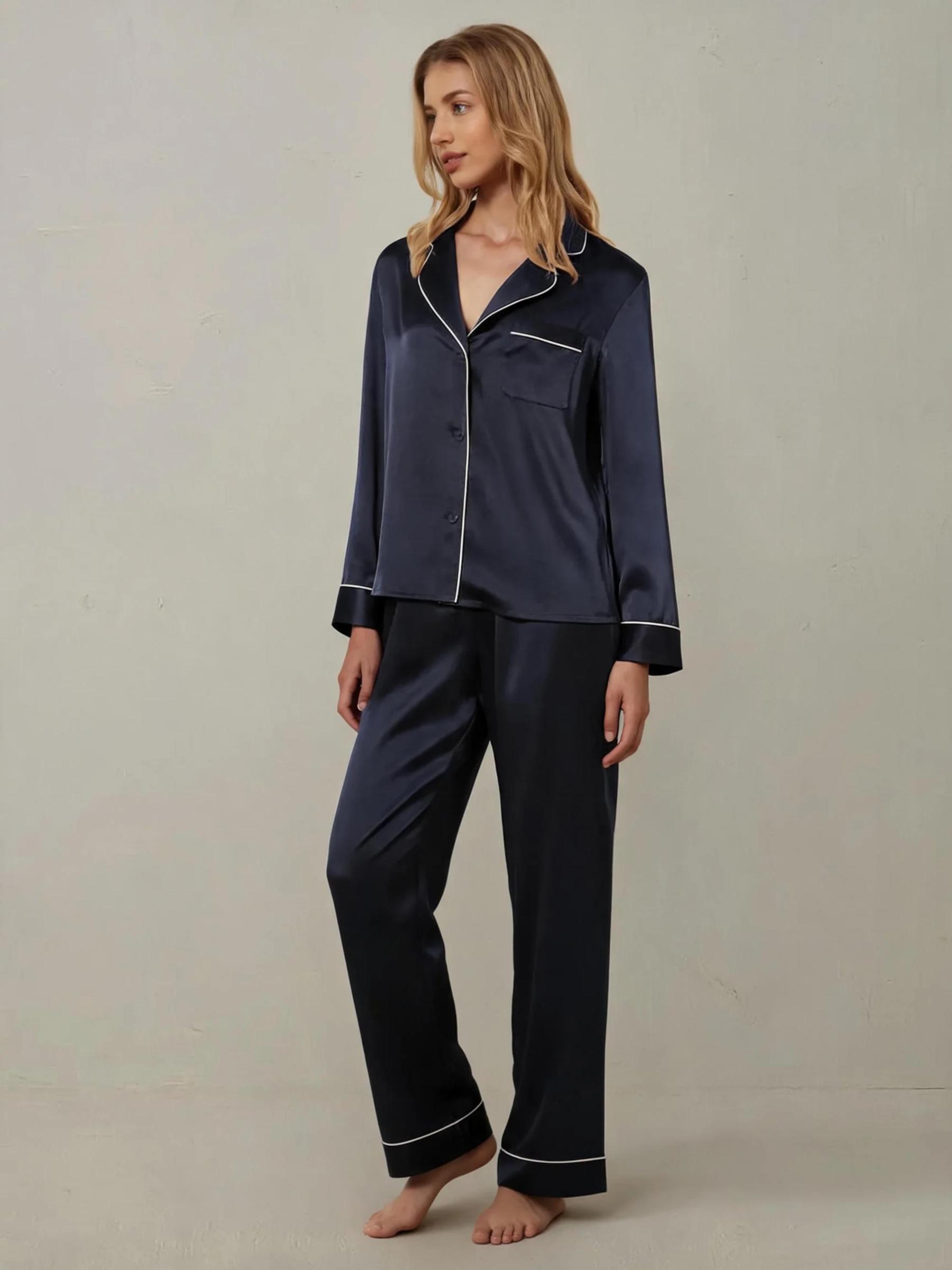Piped Silk Long Sleeve Pajama Set