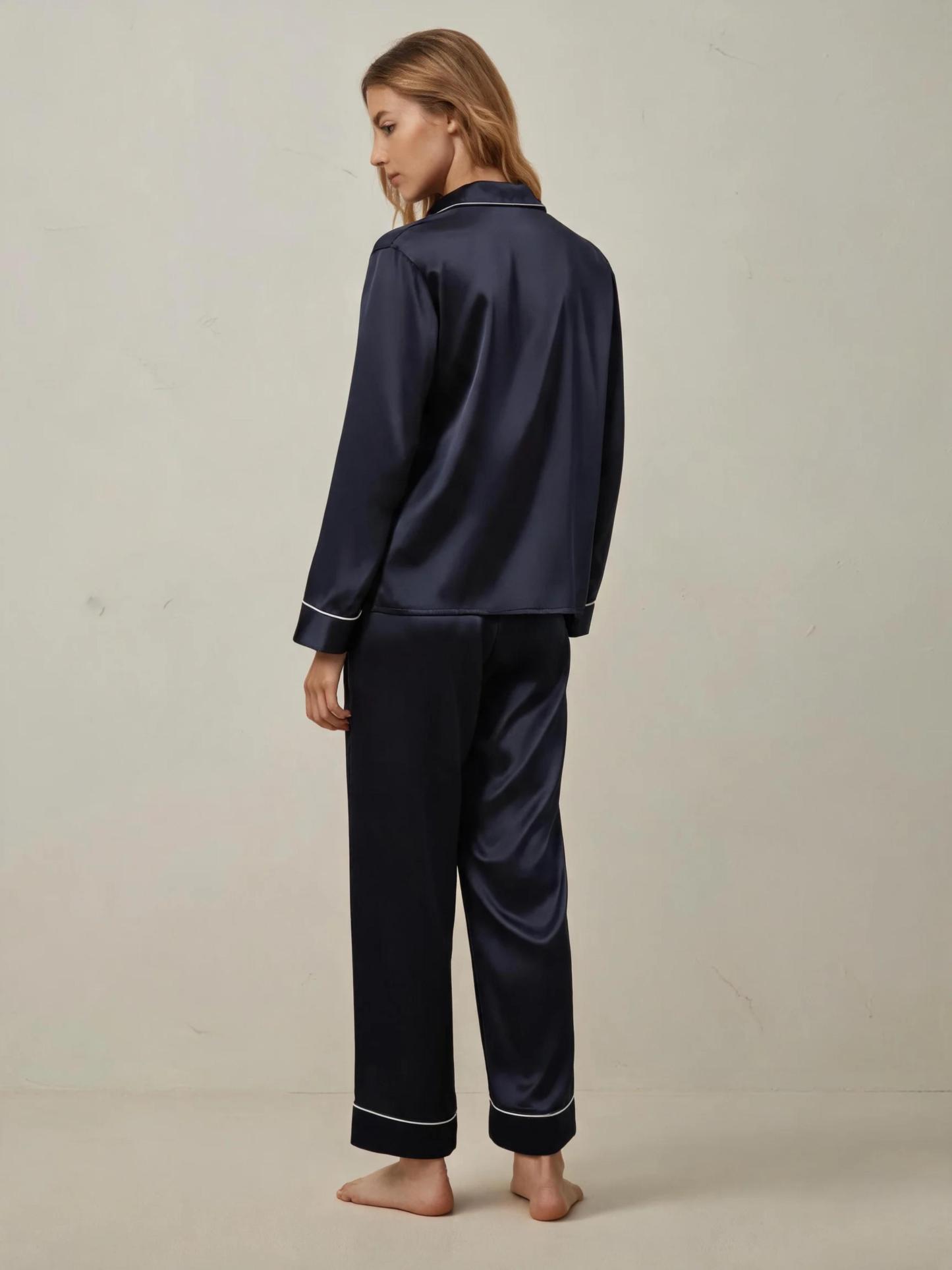 Piped Silk Long Sleeve Pajama Set
