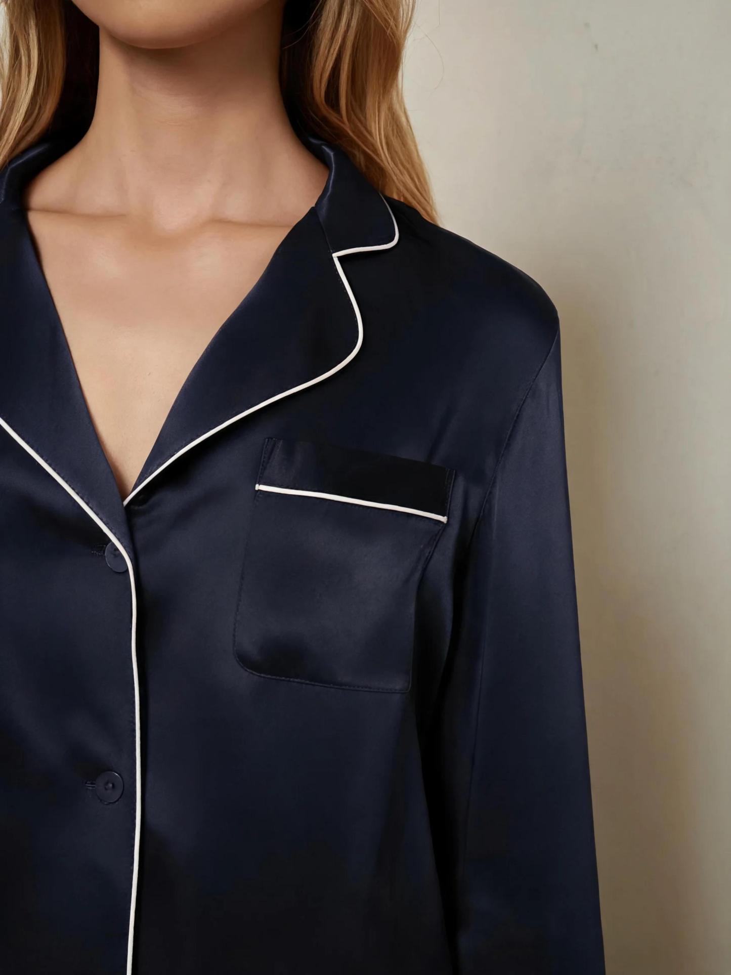 Piped Silk Long Sleeve Pajama Set