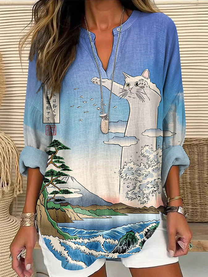 Sea Wave Long Cat World Peace Print Linen V-neck Shirt