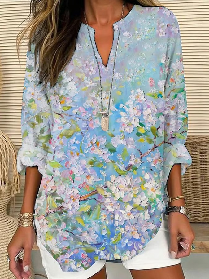 Floral Pattern Linen V-neck Shirt