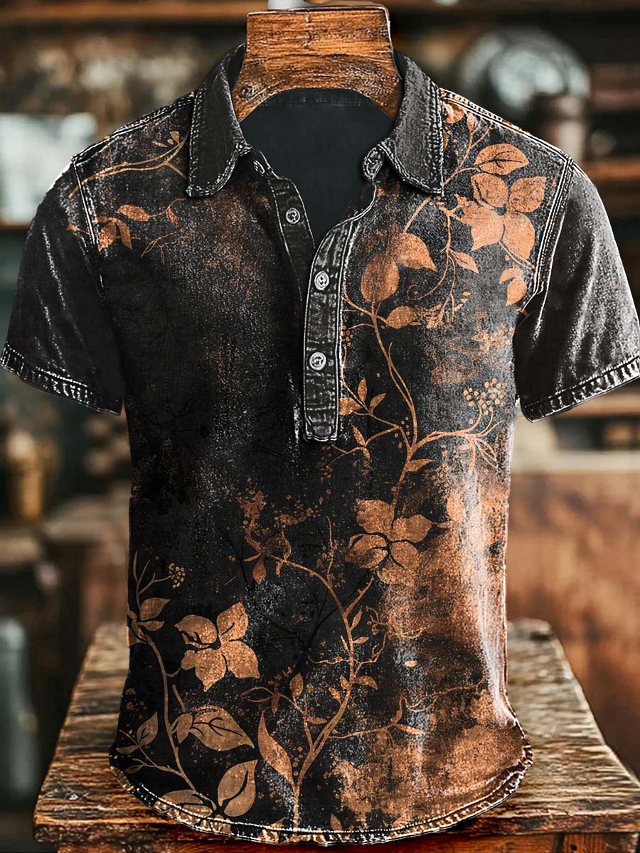 Vintage Abstract Art Floral Print Casaul Short Sleeve Polo Shirt
