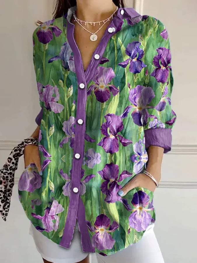 ✝️Buy 3 Get 10% Off✝️Women's Purple Floral Art Print Lapel Shirt