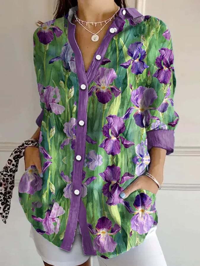 ✝️Buy 3 Get 10% Off✝️Women's Purple Floral Art Print Lapel Shirt
