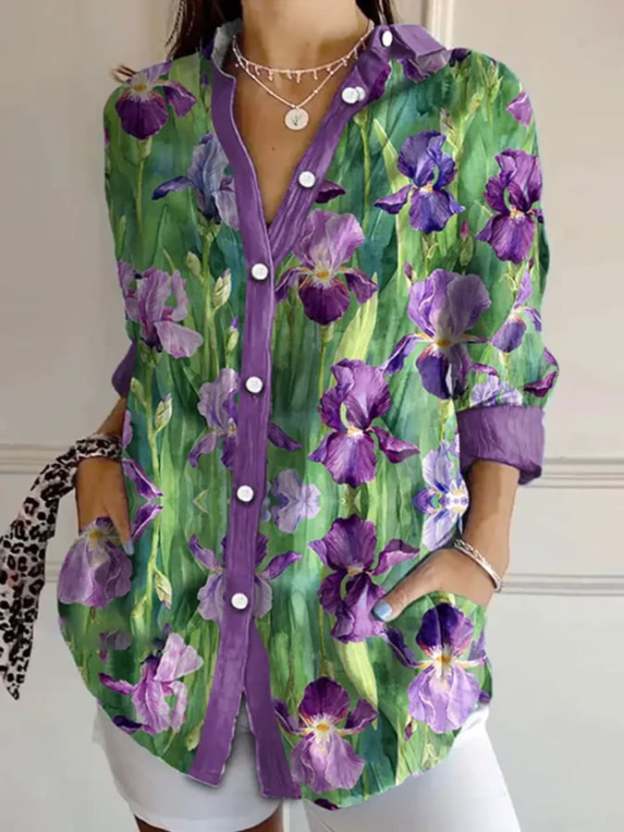 ✝️Buy 3 Get 10% Off✝️Women's Purple Floral Art Print Lapel Shirt